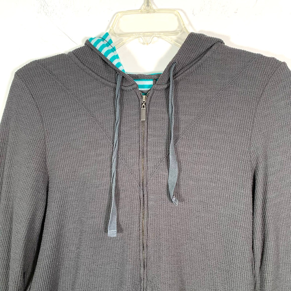 Anthropologie Saturday Sunday Gray Waffle Knit Full Zip Hoodie Medium Striped - Picture 3 of 8